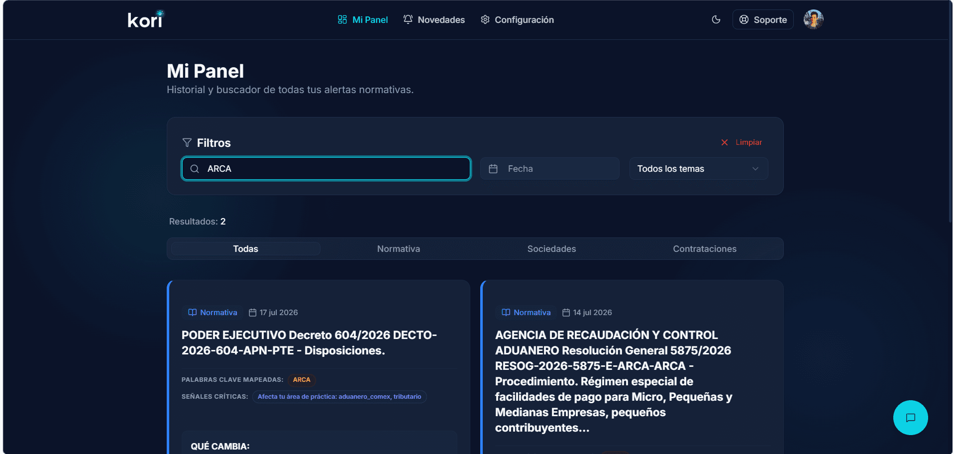 Dashboard de Kori - Modo Oscuro